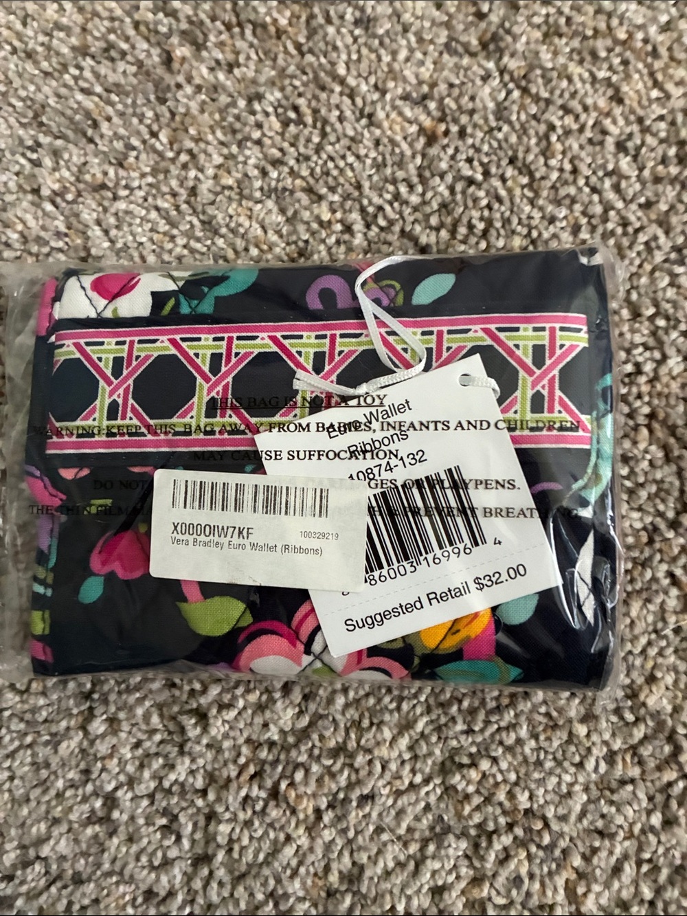 Vera Bradley Black Floral Ribbon Euro Wallet